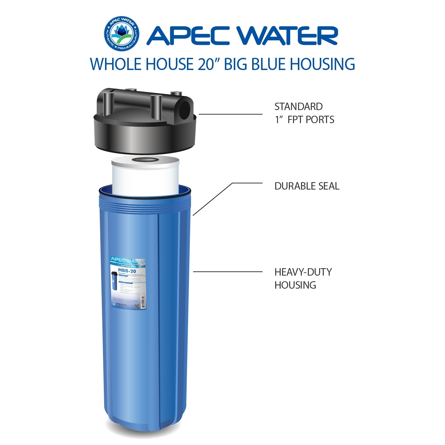 APEC 20 Inch Big Blue Whole House Water Filter Housing 1" Inlet/Outlet (HBB-20)