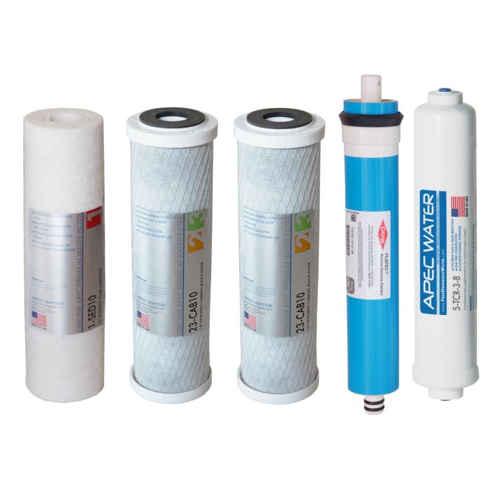 APEC RO Replacement Filters Complete Filter Set for ULTIMATE RO-Hi model, and RO-90 and RO-PERM Models With 3/8"D Tubing Quick Dispense Upgrade (Stages 1-5)